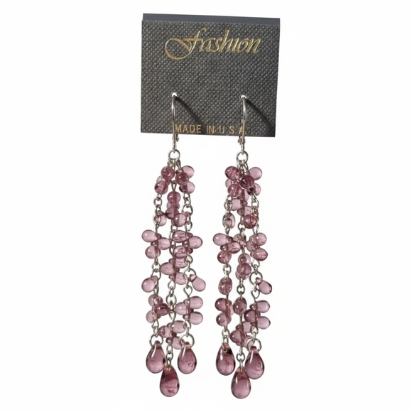 Earrings 3" NEW Drop Dangle Purple Teardrop Silver Rhodium Plated Vintage USA - Picture 5 of 10